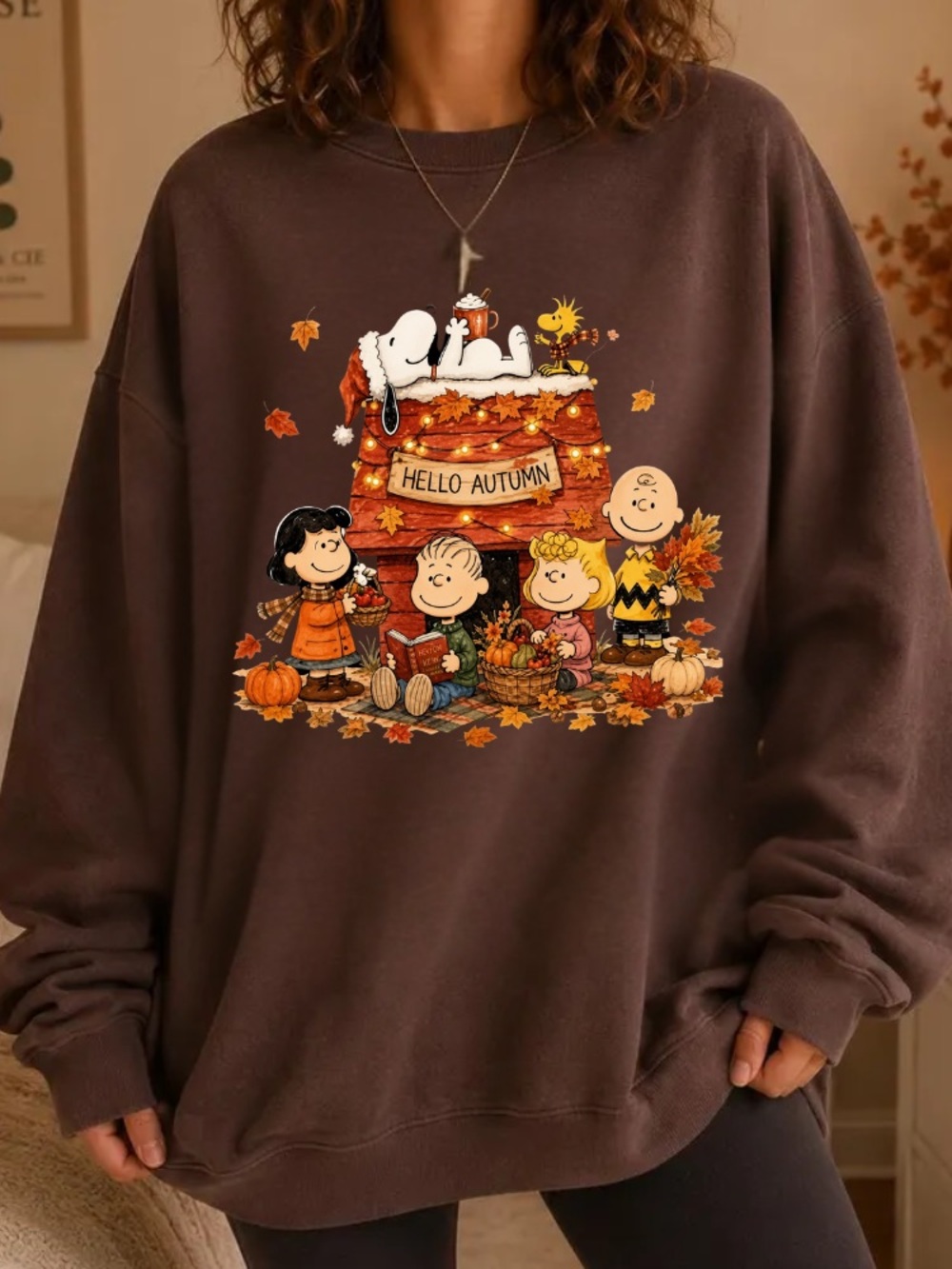 Peanuts Snoopy Hello Autumn Pumpkin Leaves Vintage Brown Sweatshirt